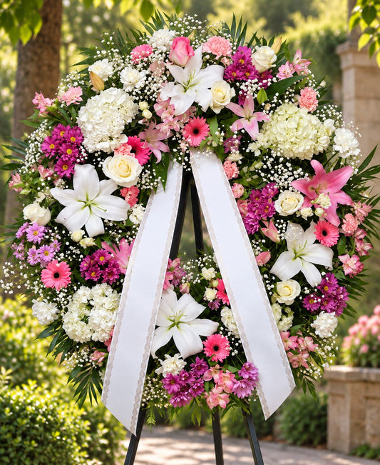 Corona funeraria blanco y rosa Armonía TZ2